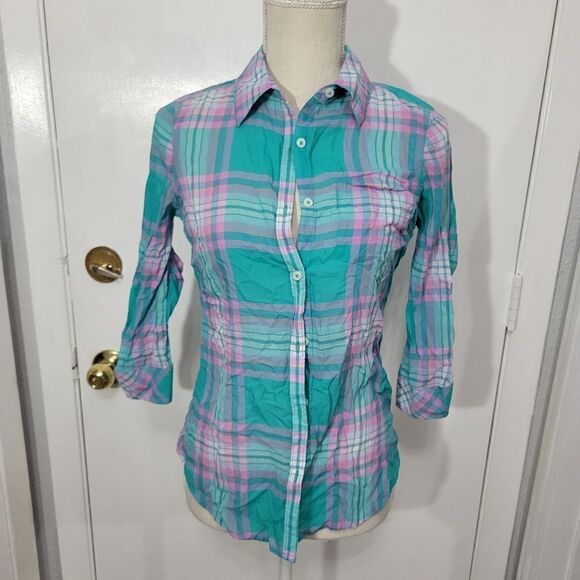 SO plaid 3/4 sleeve button up shirt - Picture 2 of 9